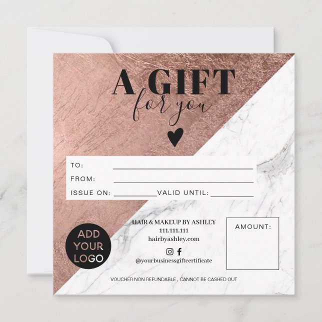 Carte Rose bloc d'or carré certificat cadeau logo (Devant)