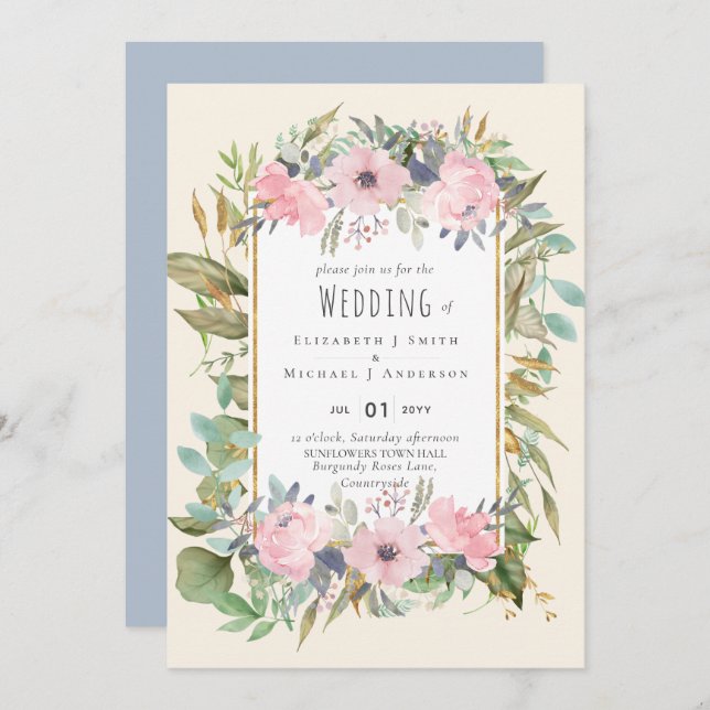 Carte Rose Blush Floral Sage Mariage (Devant / Derrière)