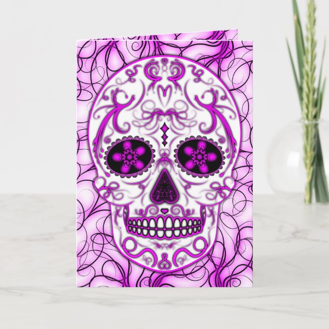 Carte Rose chaud sur rose - Jour du crâne de sucre mort (Devant)