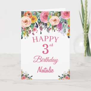 Carte rose d'aquarelle de 3e anniversaire Fleurs f