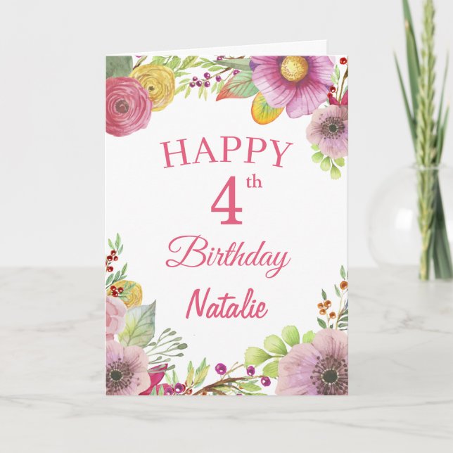 Carte rose d'aquarelle de 4e anniversaire Fleurs f (Devant)