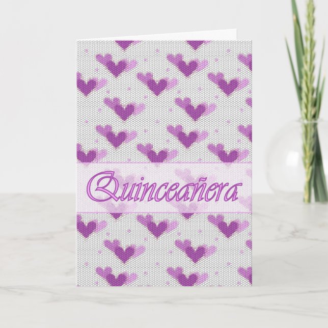Carte rose de coeurs pourpres de Quinceanera (Devant)