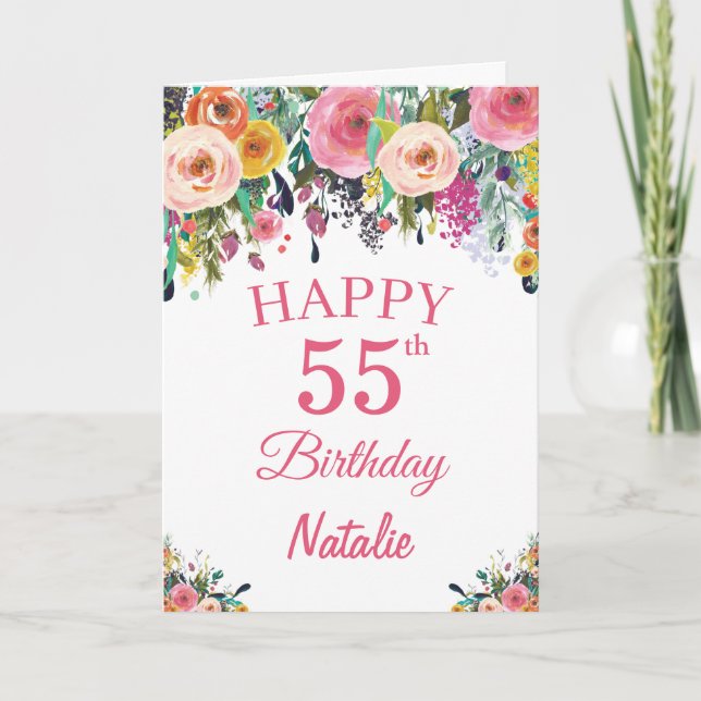 Carte rose de couleur florale de 55e anniversaire (Devant)