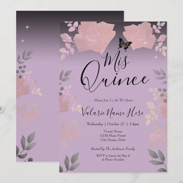 Carte Rose de glace rose Floral Quinceanera violet (Devant / Derrière)