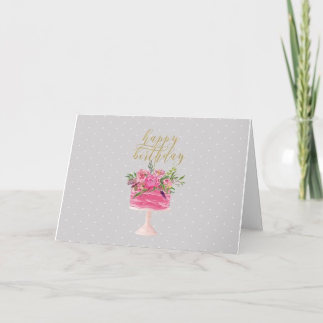 Carte rose de joyeux anniversaire de gâteau d'or (Devant)