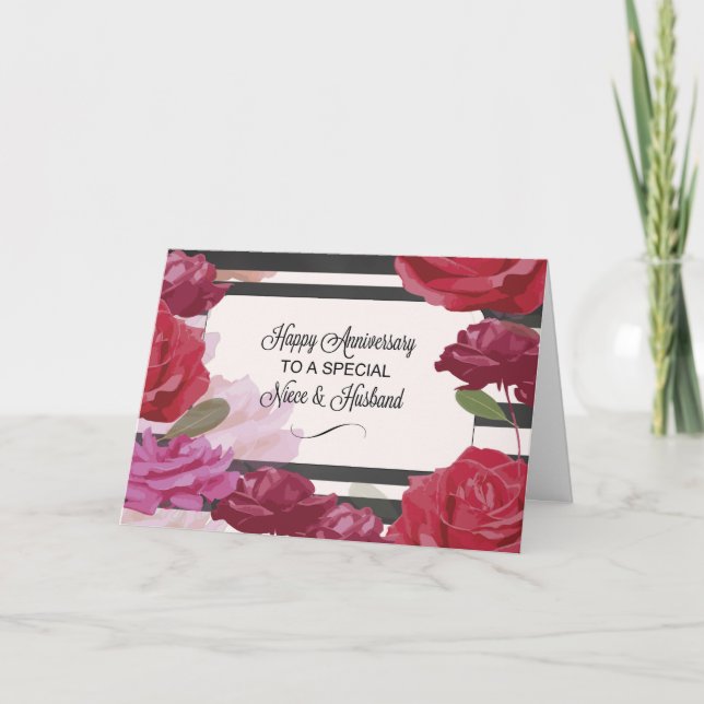 Carte Rose de l'anniversaire du Mariage de nièce et mari (Devant)