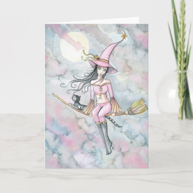 Carte rose de sorcière et de chat de Halloween (Devant)