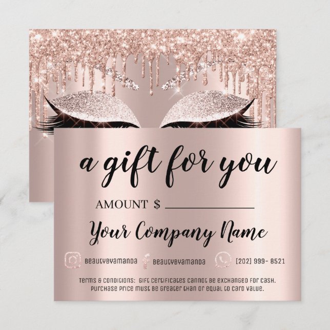 Carte Rose d'extension Lash Brows de certificat cadeau (Devant / Derrière)