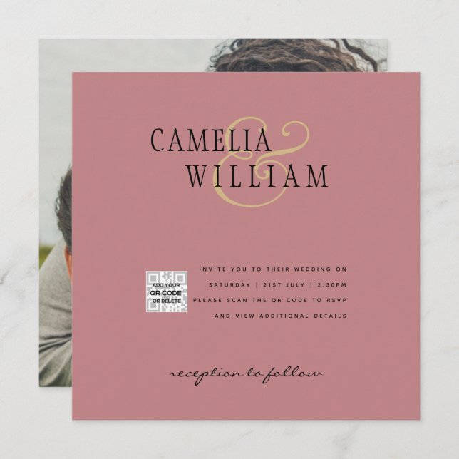 Carte Rose Dusty Photo Wedding Inviter QR Code Enregistr (Devant / Derrière)