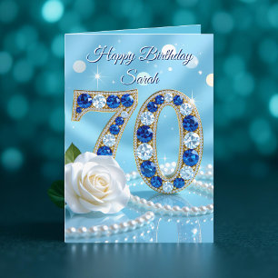 Carte Rose et perles bleu radiant 70e anniversaire
