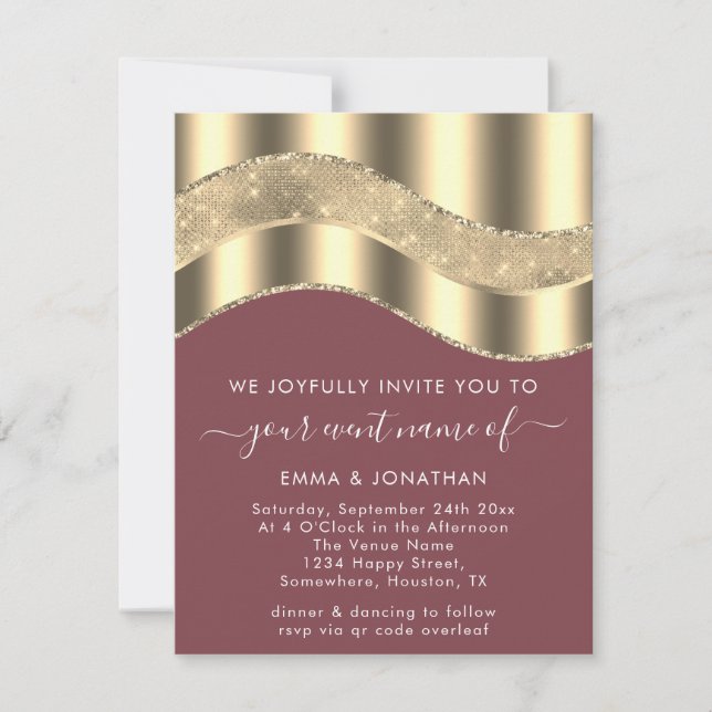 Carte Rose Faux Gold Bordure Vague QR Code Mariage (Devant)