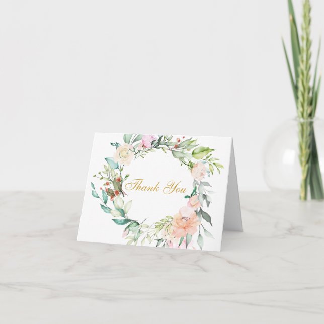 Carte Rose Floral Green Gold Script Merci (Devant)