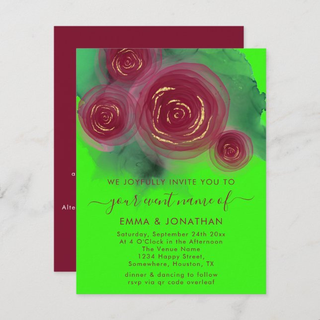 Carte Rose Floral QR Code Bright Green Marsala (Devant / Derrière)