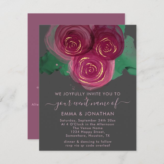 Carte Rose Floral QR Code Graphite Bourgogne Marsala (Devant / Derrière)