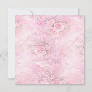 Carte Rose Florale Pastel Rose Rêveuse Perles Nœuds Étin