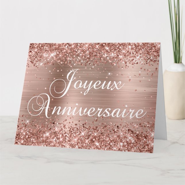 Carte Rose Glitter Gold Foil Joyeux Anniversaire (Devant)