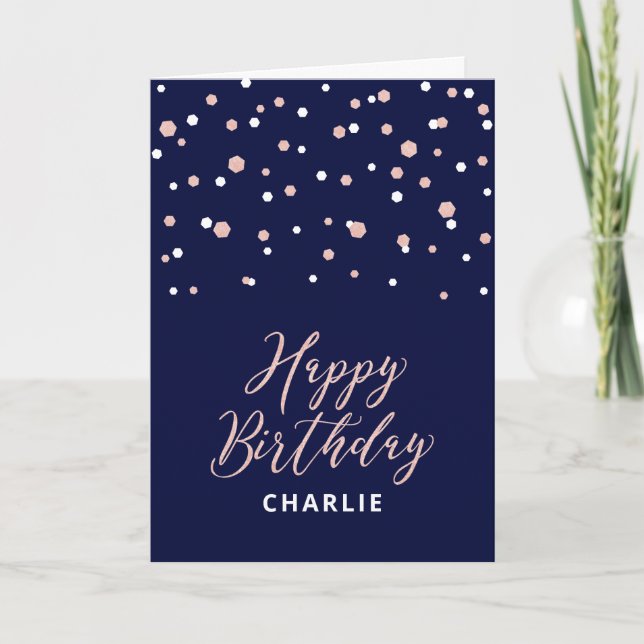 Carte Rose Gold & Blue Joyeux Anniversaire Nom Salutatio (Devant)