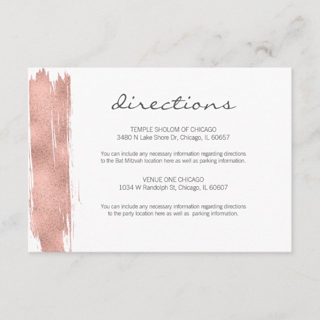 Carte rose Gold Brushstroke Bat mitzvah Directions (Devant)