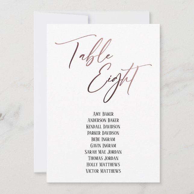 Carte Rose Gold écriture manuscrite Tableau huit places (Devant)