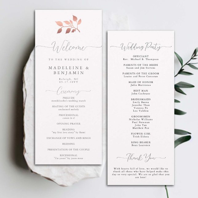 Carte Rose Gold Eucalyptus Elegant Chic Wedding Programm (modern classic wedding ceremony program rose gold eucalyptus greenery foliage formal traditional)