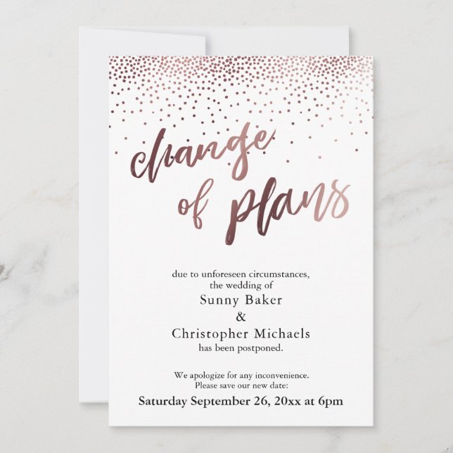 Carte rose Gold reportée Mariage "Changement de pl (Devant)