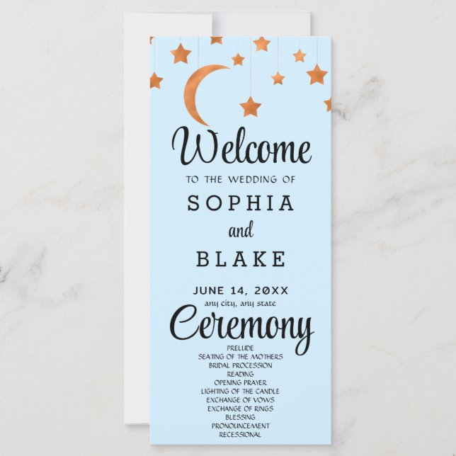 Carte Rose Gold Stars Crescent Moon Blue Wedding Program (Devant)