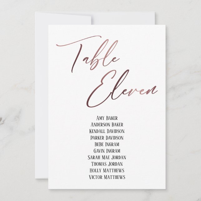 Carte Rose Gold Table d'écriture manuscrite Onze places (Devant)