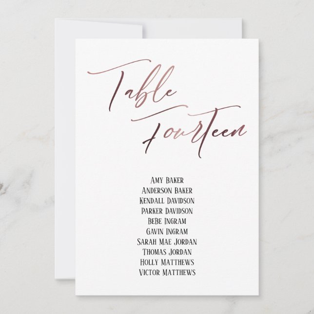 Carte Rose Gold Table d'écriture manuscrite Quatorze Siè (Devant)