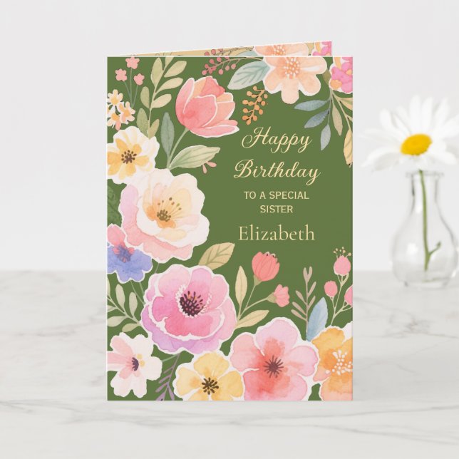 Carte Rose Jaune Bleu Vert Fleurs Soeur anniversaire (Petite plante)