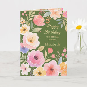 Carte Rose Jaune Bleu Vert Fleurs Soeur anniversaire