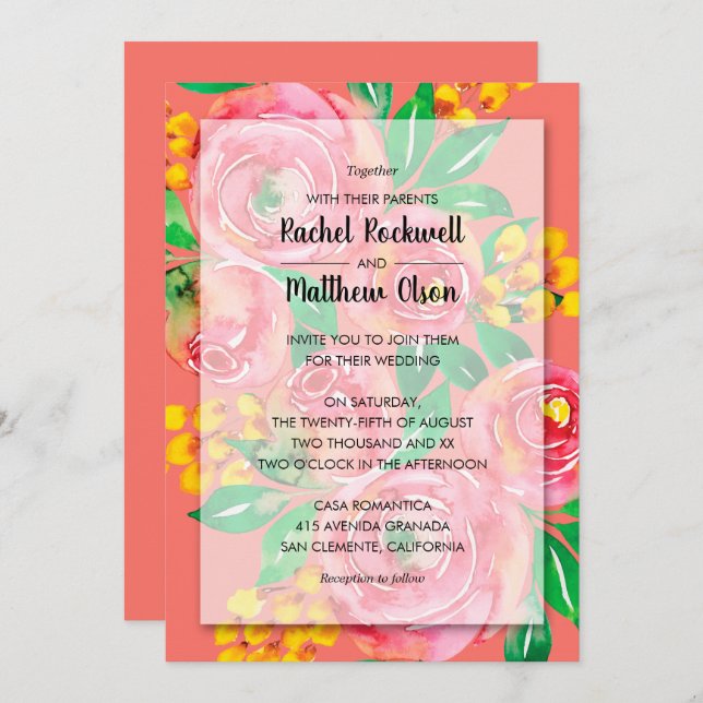 Carte Rose, Jaune, Corail Vivant Mariage Floral Invite (Devant / Derrière)