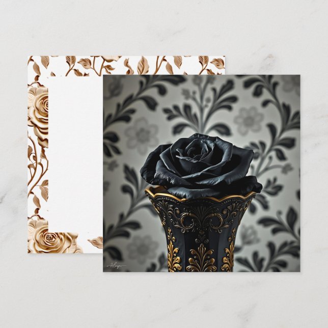 Carte Rose noir avec accents floraux or (Devant / Derrière)