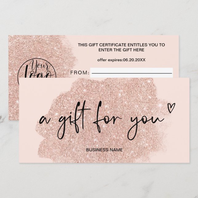 Carte rose or rose parties scintillant coeur logo cadeau (Devant / Derrière)