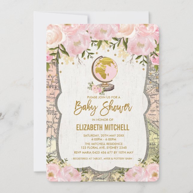 Carte rose pâle Baby shower Invitation Voyage aven (Devant)