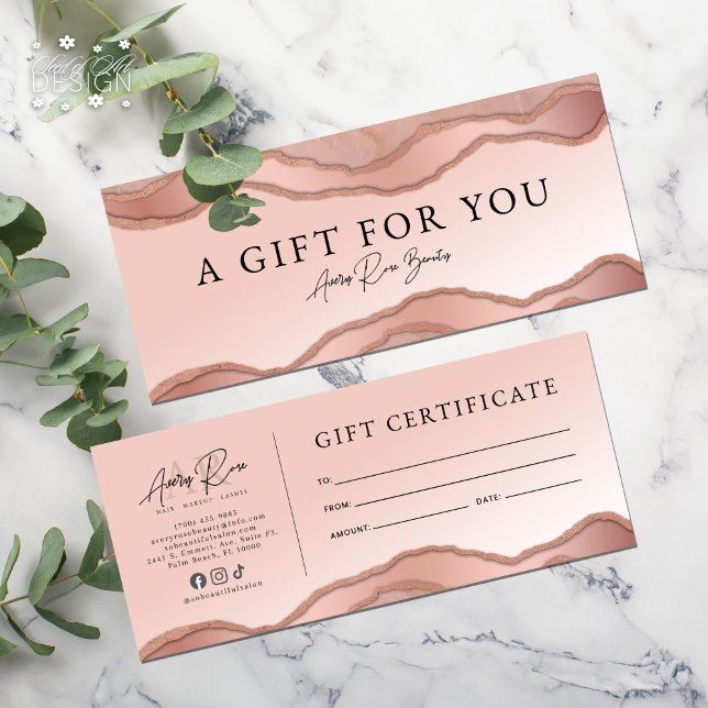 Carte Rose Rose Or Agate Beauté Salon Certificat cadeau (Créateur téléchargé)