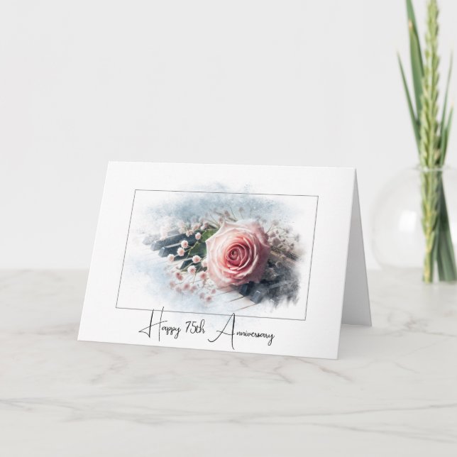 Carte Rose rose sur piano pour 75ème anniversaire (Devant)