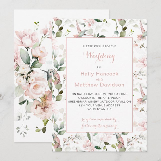 Carte Rose roux Hummingbirds Sage Greenery Mariage (Devant / Derrière)