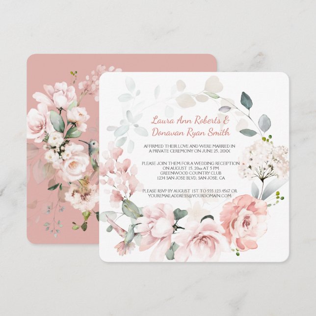 Carte Rose roux Hummingbirds Sage Greenery Mariage (Devant / Derrière)