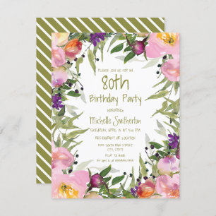 Carte Rose violet Floral Vert Feuilles 80e anniversaire