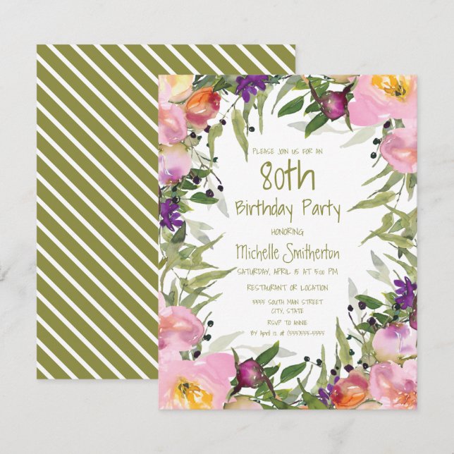 Carte Rose violet Floral Vert Feuilles 80e anniversaire (Devant / Derrière)