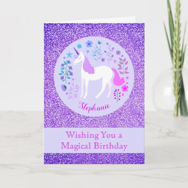 Carte Rose violet Unicorn Parties scintillant Joyeux ann (Devant)