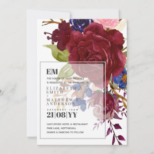 Carte Roses bleu Bourgogne moderne Mariage de superposit