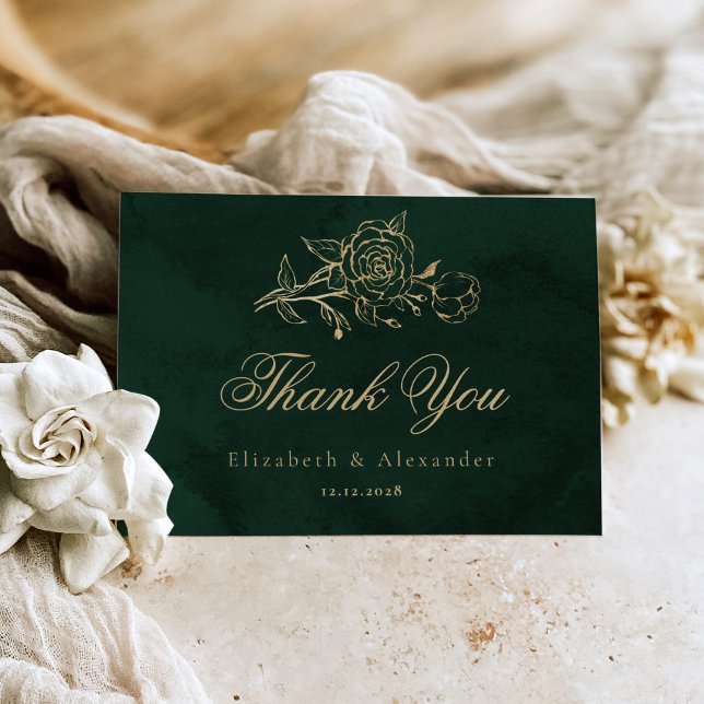 Carte Roses botaniques Vert Or Mariage royal Merci (Créateur téléchargé)