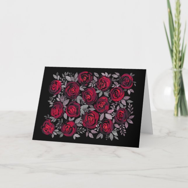 Carte Roses d'aquarelle, roses rouges sur noir (Devant)
