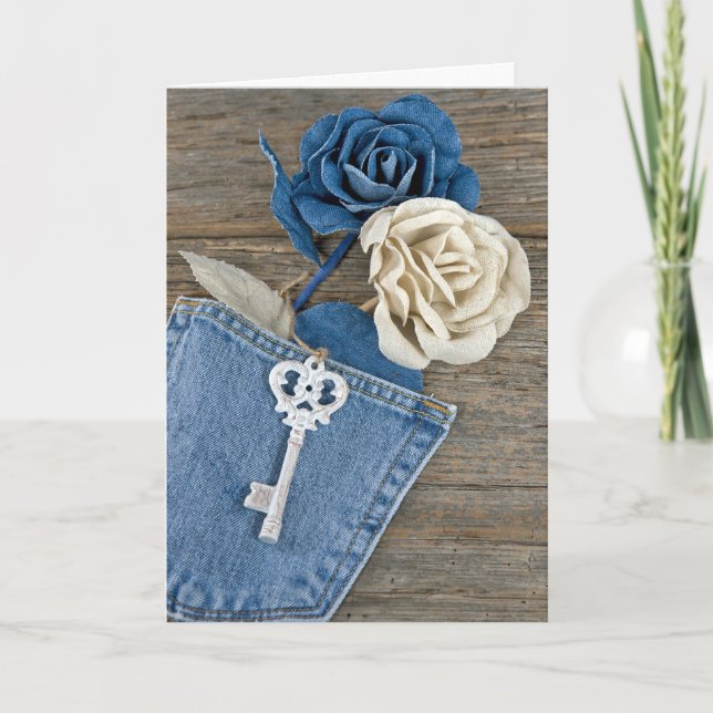 Carte Roses Denim à Pocket Anniversaire (Devant)