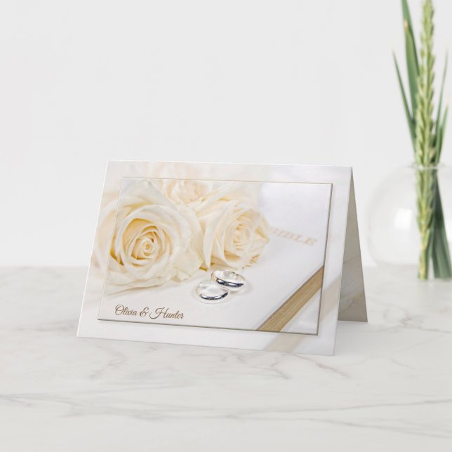 Carte roses mariages et anneaux sur la Bible blanche (Devant)