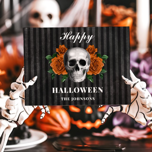 Carte Roses noirs gothiques et crâne heureux Halloween (Gothic Black Roses & Skull Happy Halloween Card)