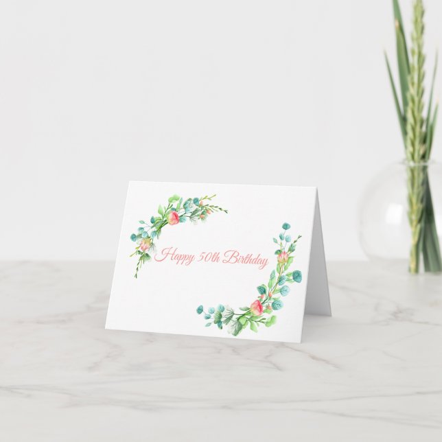 Carte Roses roses et Eucalyptus Jalon Anniversaire (Devant)