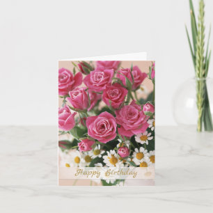 Carte Roses roses roses et marguerite blanche Anniversai
