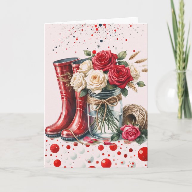 Carte Roses Rustiques Abstraites et Bottes de Pluie  (Devant)